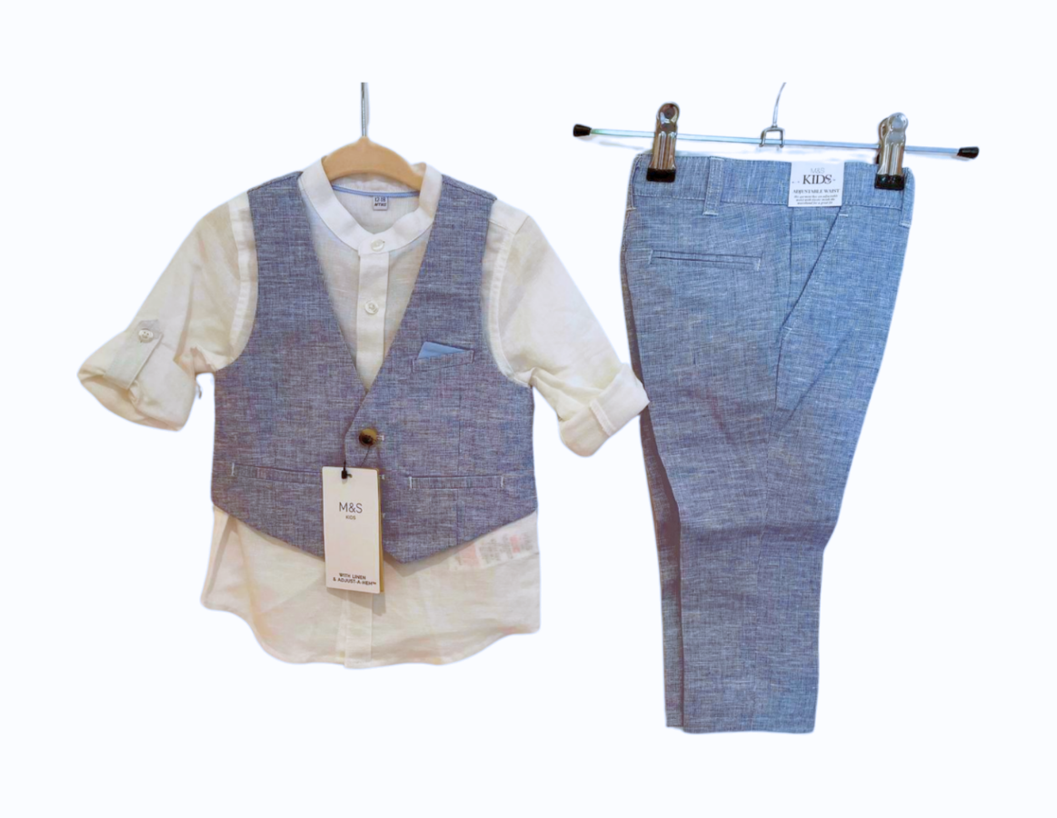 M&S Blue Linen Waistcoat, Shirt & Trouser Set - BRAND NEW