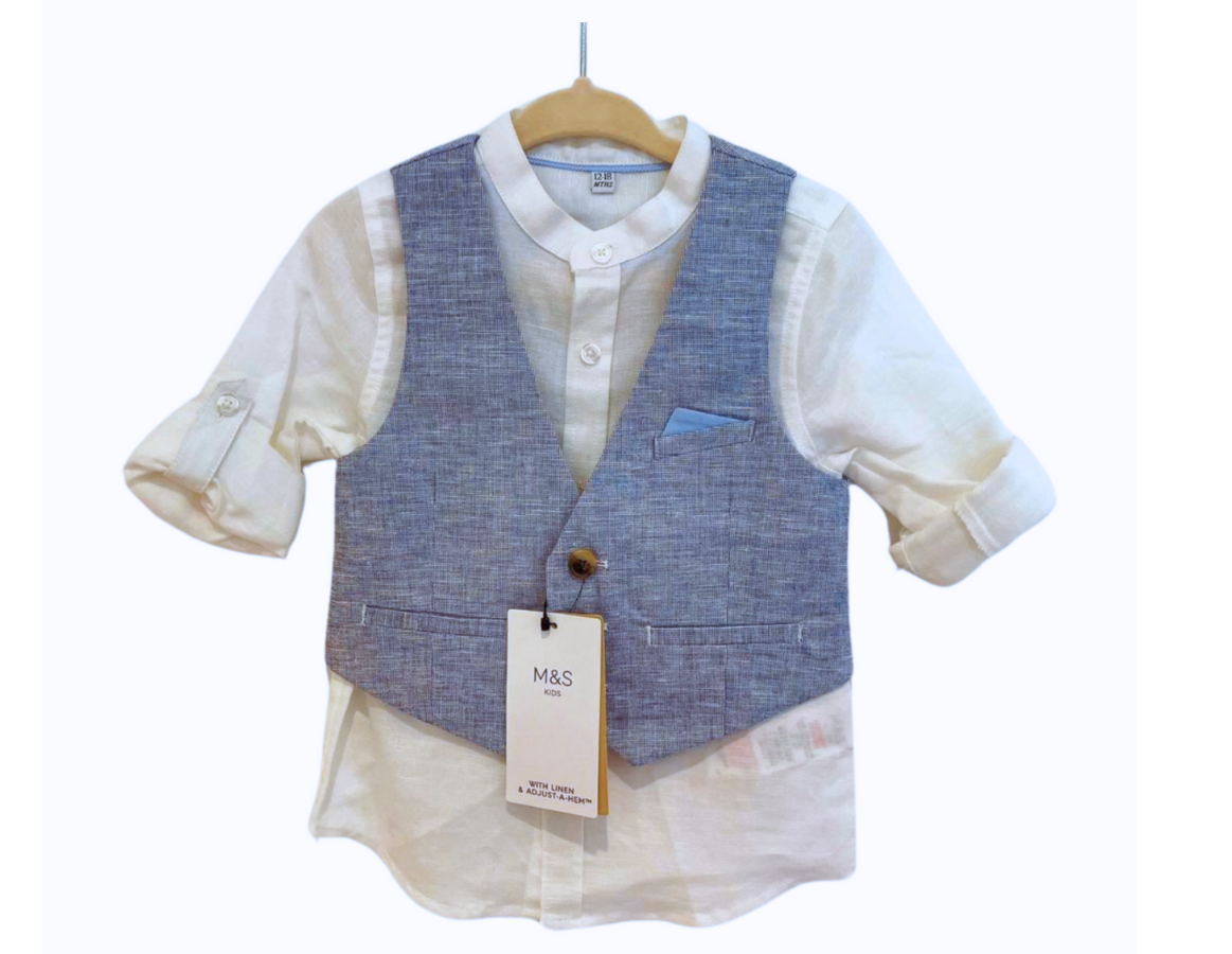 M&S Blue Linen Waistcoat, Shirt & Trouser Set - BRAND NEW