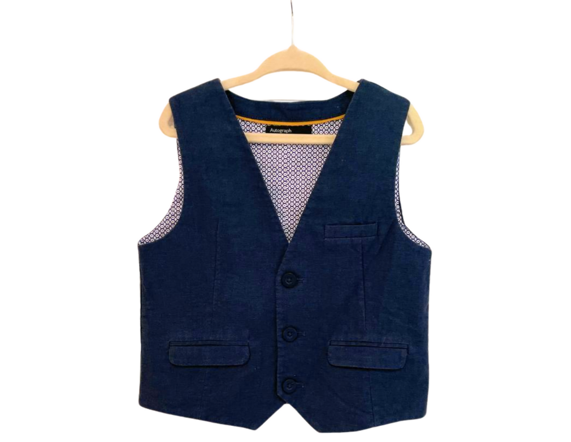M&S Autograph Navy Linen Waistcoat & Trouser Set
