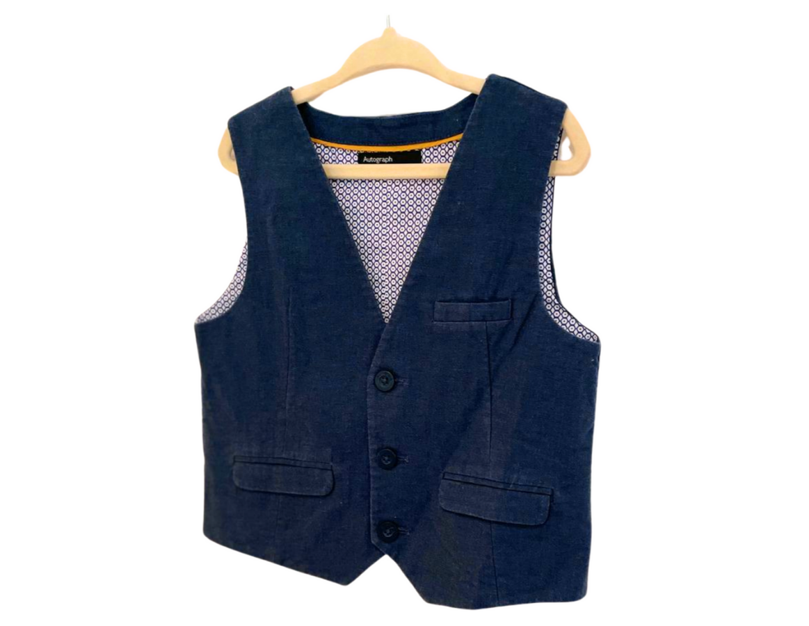 M&S Autograph Navy Linen Waistcoat & Trouser Set