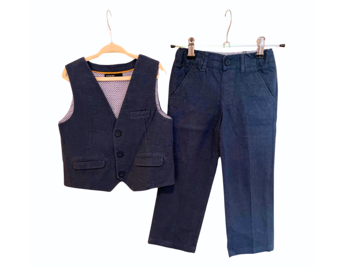 M&S Autograph Navy Linen Waistcoat & Trouser Set
