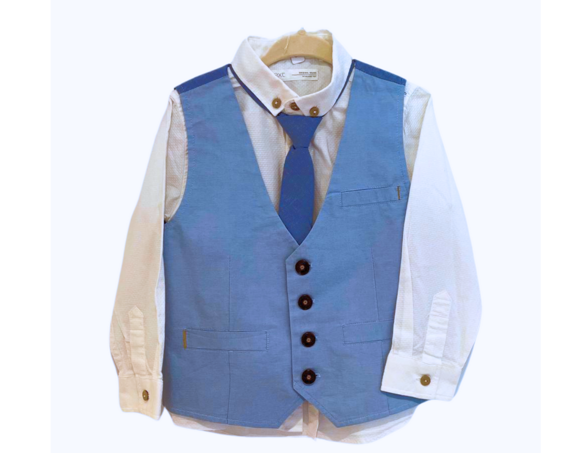 Next Pastel Blue Waistcoat, Shirt, Tie & Trouser Set