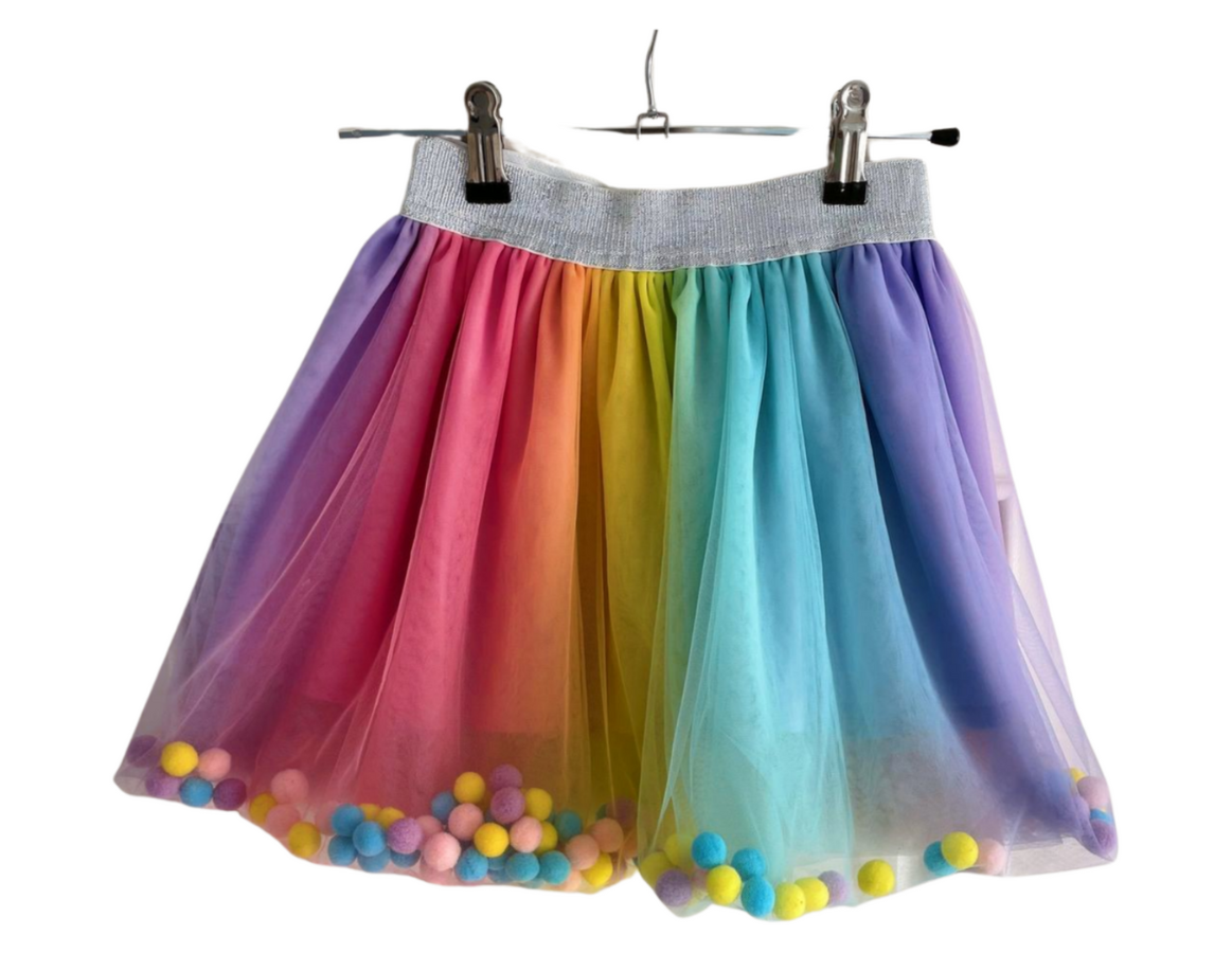 Rainbow Tulle & Pom Pom Skirt