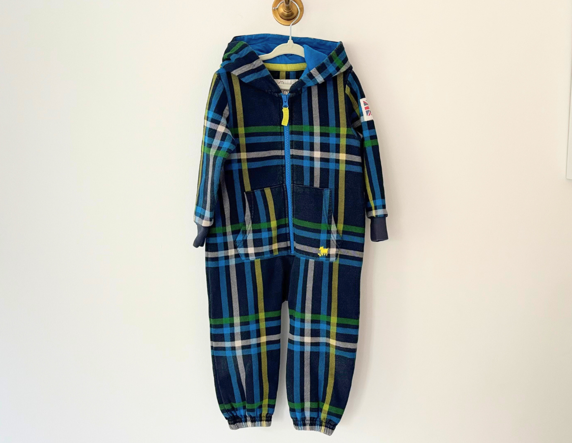 Mini Boden Blue Tartan Hooded Onesie