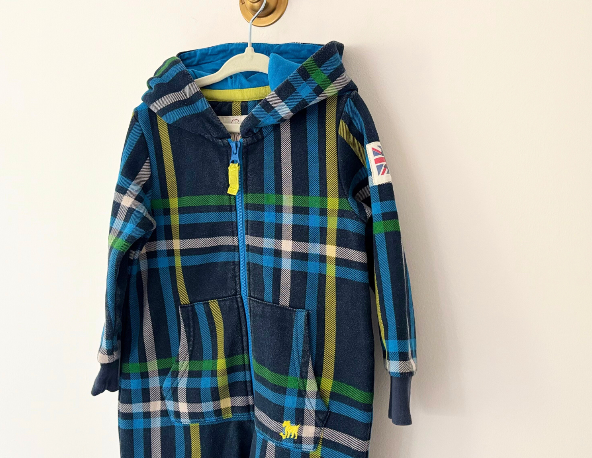 Mini Boden Blue Tartan Hooded Onesie