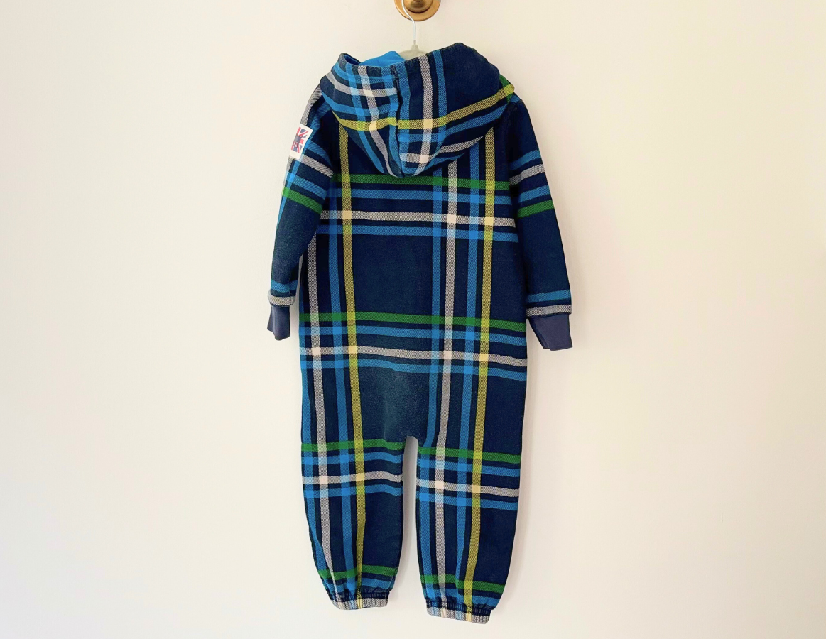 Mini Boden Blue Tartan Hooded Onesie